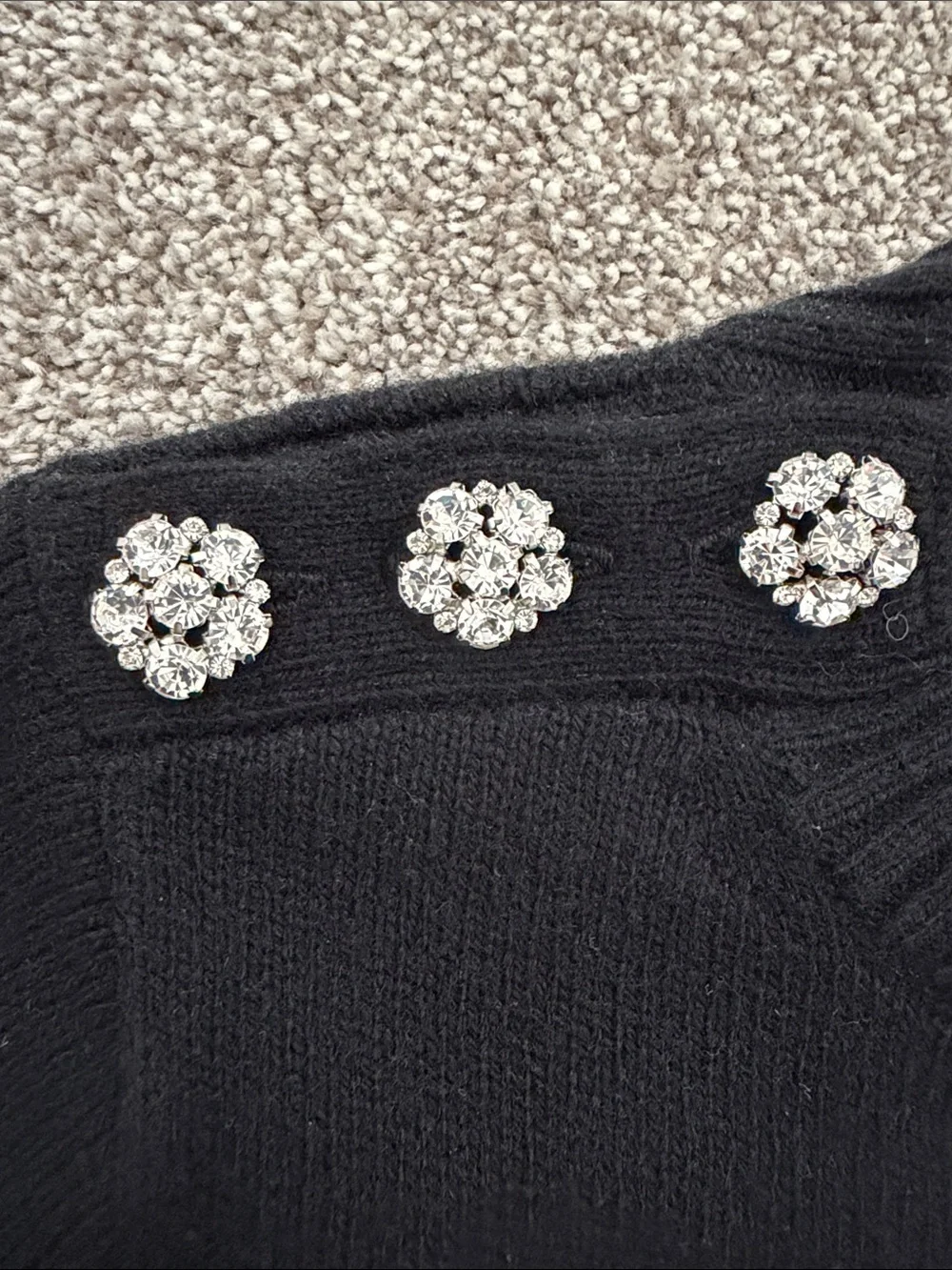 J. Crew Black Crewneck Sweater with Crystal Shoulder Buttons